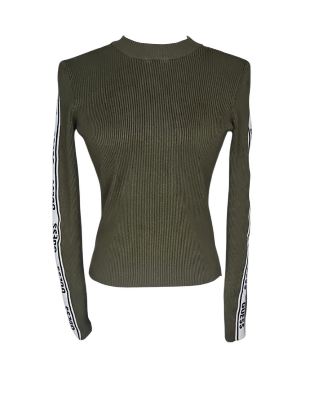 Y2K Guess Ribbed Crew Sweater Olive Green Logo Sleeve Retro Street Fall Autumn M